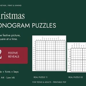 Christmas Nonogram Puzzles, 12 Festive Pictures with Hints, Printable PDF
