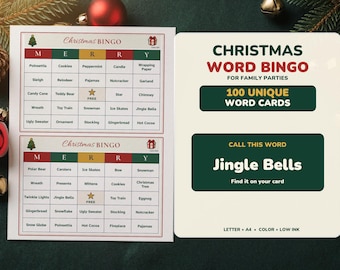 May include: A Christmas Word Bingo game set featuring two game cards with a grid of holiday words and a call card with the text Christmas Word Bingo for family parties, 100 unique word cards, call this word Jingle Bells, letter + A4, color + low ink.