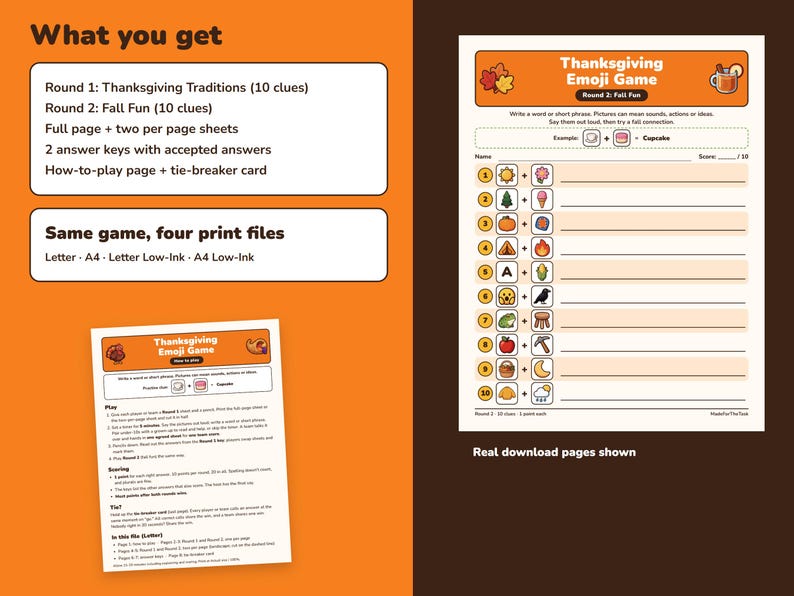 Thanksgiving & Fall Emoji Game Printable, 20 Picture Clues with Answer Keys image 5