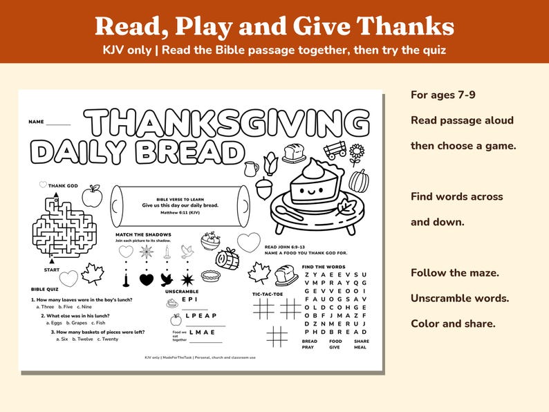 Thanksgiving Bible Activity Placemats Printable, 4 KJV Sunday School Mats image 3