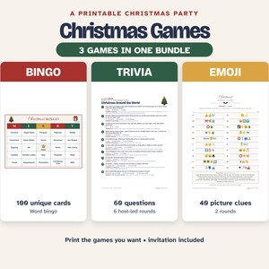 May include: A printable Christmas party games bundle featuring three activities: Bingo with 100 unique cards, a Trivia game with 60 questions across 6 rounds, and an Emoji game with 40 picture clues in 2 rounds. The text includes "Christmas Games" and "3 Games in One Bundle."