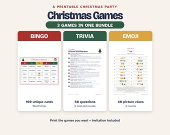 Puede incluir: Un paquete de juegos navideños imprimibles que incluye tres actividades: Bingo con 100 tarjetas únicas, un juego de Trivia con 60 preguntas en 6 rondas y un juego de Emojis con 40 pistas visuales en 2 rondas. El texto incluye "Christmas Games" y "3 Games in One Bundle."