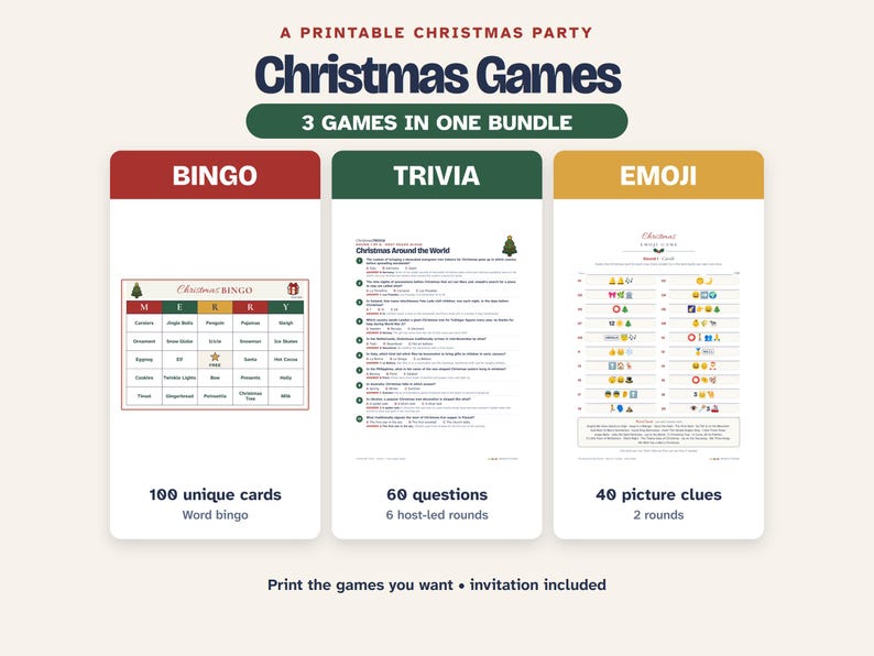 Paquete imprimible de juegos navideños: Bingo, Trivia, Emoji e Invitación imagen 1