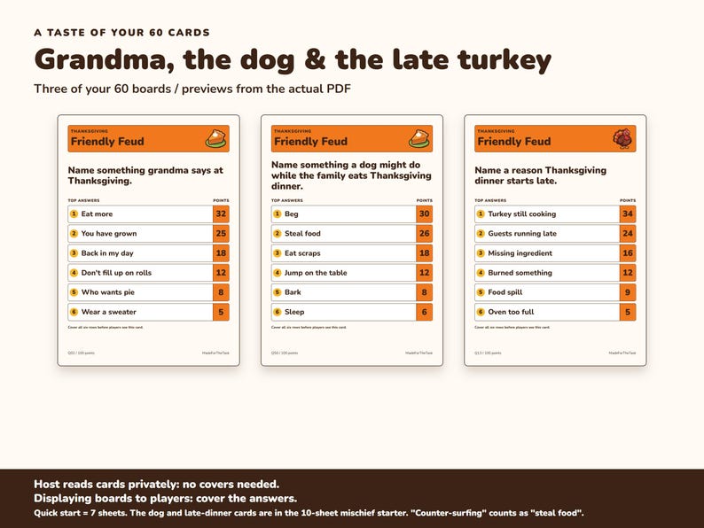 Thanksgiving Friendly Feud Game Printable, 60 Friendsgiving Party Cards image 2