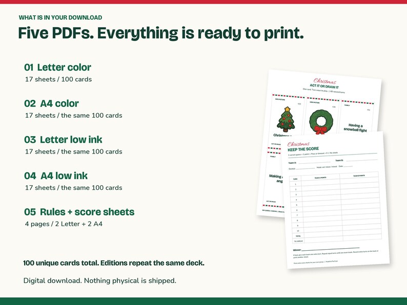 Christmas Charades Printable, Act It or Draw It, 100 Cards in 3 Decks image 5