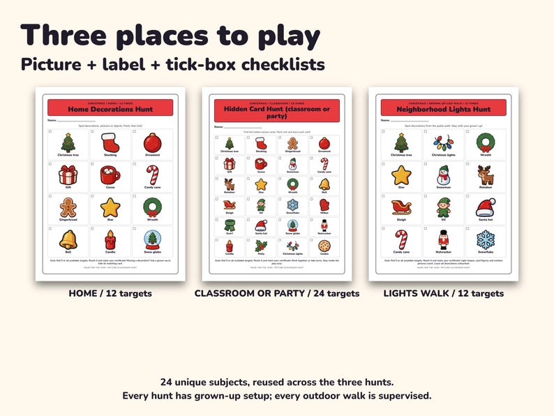 Chasse au trésor de Noël à imprimer, 3 chasses aux images pour enfants avec 24 cartes image 2