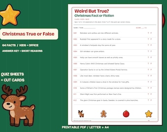 Könnte beinhalten: Ein druckbares Weihnachts-Quizblatt mit dem Titel Weird But True? Christmas Fact or Fiction, das zwölf wahr oder falsch Aussagen über Rentiere und Feiertagstraditionen enthält, mit einem Rentier- und Stern-Icon auf grünem Grund.