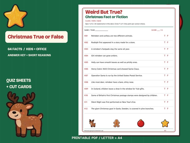 Christmas True or False Game Printable, 2 Fun Fact Decks image 1