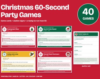 Könnte beinhalten: Ein Weihnachts-60-Sekunden-Partyspiel-Set mit 40 Spielen, inklusive Spielkarten, Stationsschildern und einer Materialliste. Die Karten zeigen Anleitungen für Spiele wie Evergreen Rise, North Pole Reset, Holly Link Line und Parcel Post Partners auf rotem Hintergrund mit weißem Text.