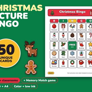 Christmas Bingo Printable for Kids, 50 Bingo Cards and Memory Game