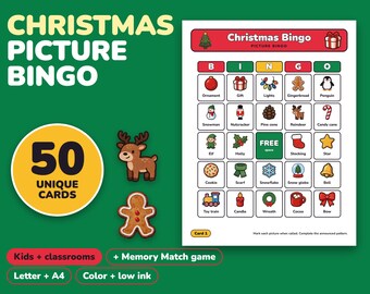 Christmas Bingo Printable for Kids, 50 Bingo Cards and Memory Game