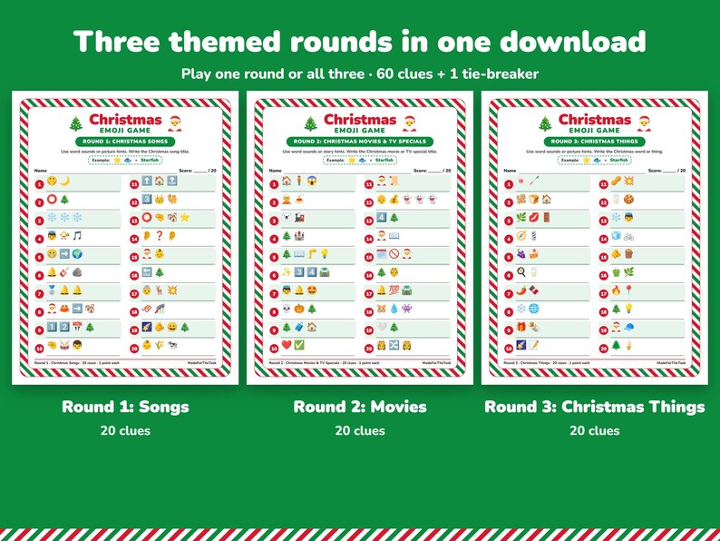 Christmas Emoji Game Printable, 3 Rounds, 60 Clues + Tie-Breaker image 2