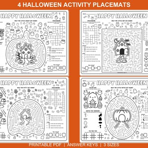 May include: Four black and white Halloween activity placemats featuring mazes, word searches, crossword puzzles, and colouring sections. Each sheet is titled Happy Halloween and includes various games like tic-tac-toe, spot the differences, and counting tasks.