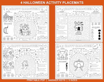 May include: Four black and white Halloween activity placemats featuring mazes, word searches, crossword puzzles, and coloring sections. Each sheet is titled Happy Halloween and includes various games like tic-tac-toe, spot the differences, and counting tasks.