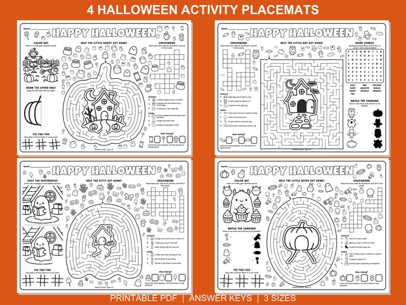 Halloween Activity Placemats Printable, 4 Different Kids Mats with Answer Keys image 1