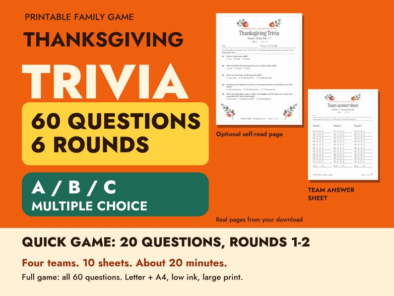 Thanksgiving Trivia Printable, 60 Questions with Answer Key image 1