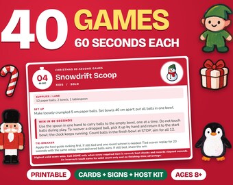 Christmas 60-Second Party Games Printable, 40 Cards & Signs