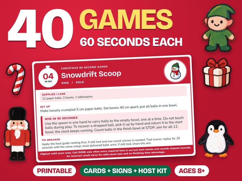 Christmas 60-Second Party Games Printable, 40 Cards & Signs image 1