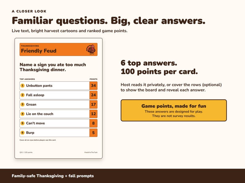 Thanksgiving Friendly Feud Game Printable, 60 Friendsgiving Party Cards image 3