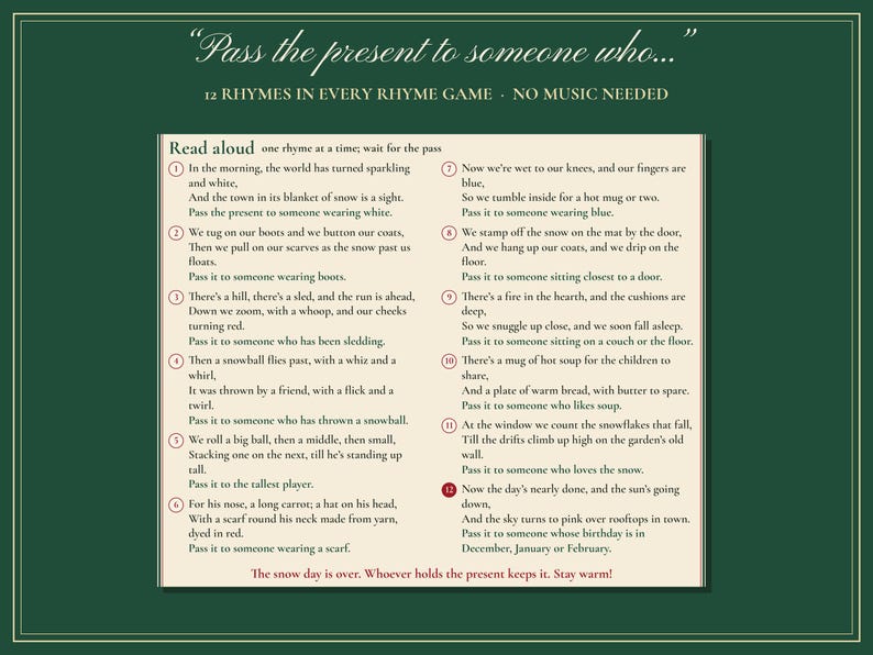 Christmas Pass the Present Game Printable, 7 Left Right & Rhyme Games image 4