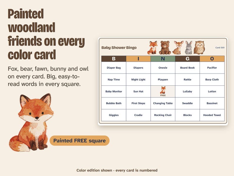 Woodland Baby Shower Bingo, 100 Prefilled Cards and Gift Bingo (Printable) image 3