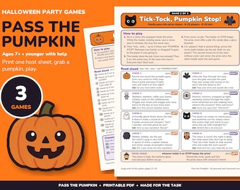 Puede incluir: Un conjunto de juegos de fiesta de Halloween imprimibles titulado Pass the Pumpkin, que incluye instrucciones y versos para una actividad grupal. El documento presenta una ilustración de calabaza, reglas de juego y ocho versos rimados.