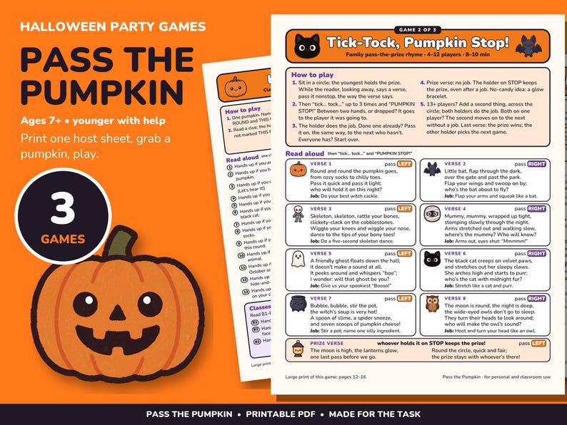 Juego imprimible de Halloween de izquierda a derecha, 3 juegos para pasar la calabaza imagen 1