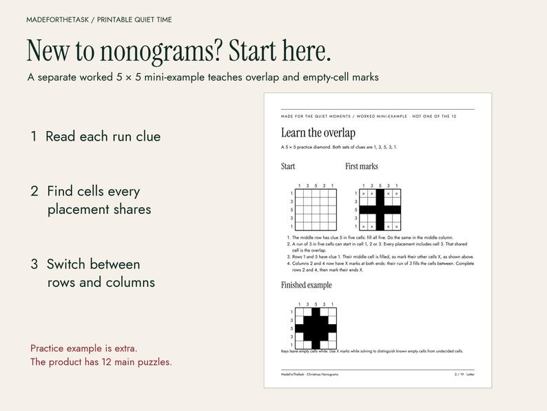 Christmas Nonogram Puzzles Printable, 12 Picture Logic Puzzles with Hints image 4
