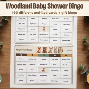 Woodland Baby Shower Bingo, 100 Prefilled Cards and Gift Bingo (Printable)