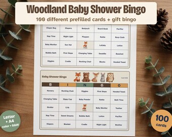 Woodland Baby Shower Bingo, 100 Prefilled Cards and Gift Bingo (Printable)