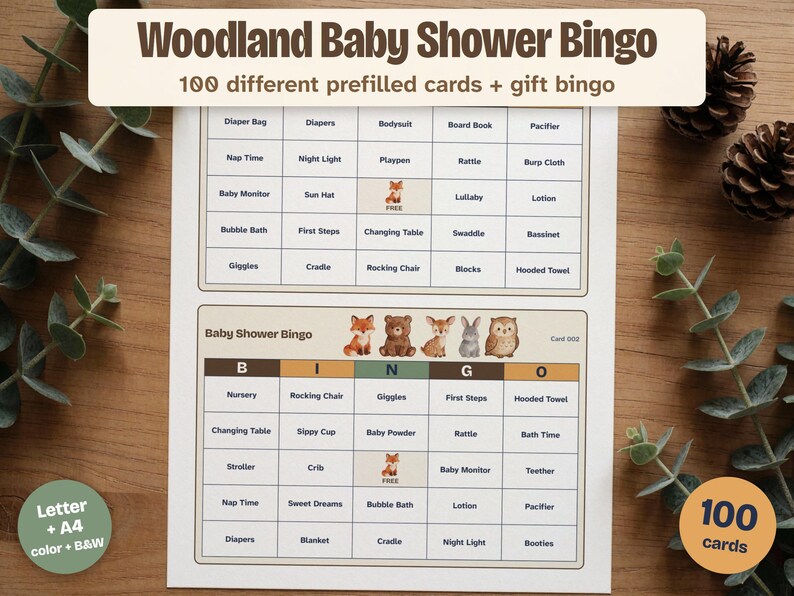 Woodland Baby Shower Bingo, 100 Prefilled Cards and Gift Bingo (Printable) image 1