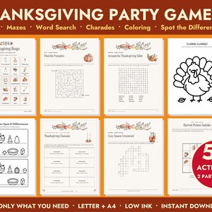 May include: A collection of Thanksgiving party game activity sheets including bingo, mazes, word searches, charades, coloring pages, and spot the difference puzzles. The printable pages feature autumn-themed illustrations and text.