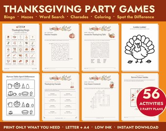 May include: A collection of Thanksgiving party game activity sheets including bingo, mazes, word searches, charades, coloring pages, and spot the difference puzzles. The printable pages feature autumn-themed illustrations and text.