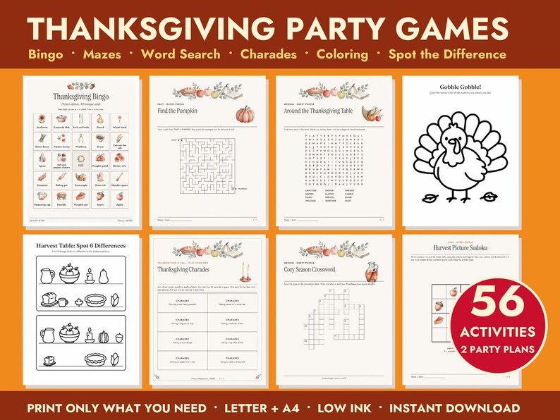Thanksgiving Party Games Bundle Printable, Bingo and Kids Activities image 1