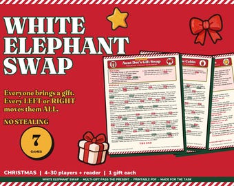 Könnte beinhalten: Ein rotes White Elephant Swap Spielset mit sieben druckbaren Spielblättern inklusive Anleitungen, einem gelben Stern, einer roten Schleife und einem Geschenk-Symbol. Der Text enthält White Elephant Swap, Everyone brings a gift, Every LEFT or RIGHT moves them ALL, NO STEALING, 7 GAMES und CHRISTMAS 4-30 players + reader 1 gift each.