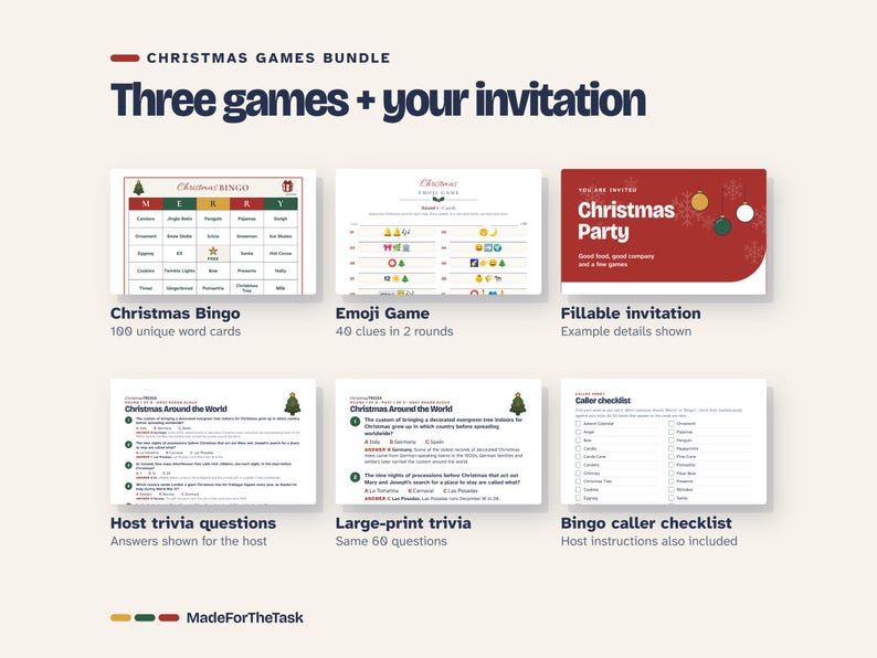 Paquete imprimible de juegos navideños: Bingo, Trivia, Emoji e Invitación imagen 2