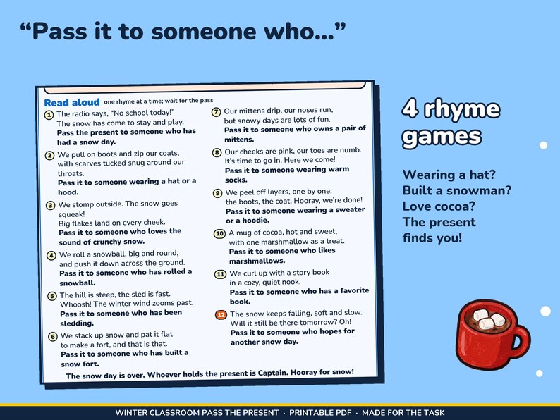 Winter Classroom Left Right Game Printable, Pass the Present for Kids image 4