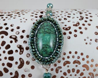 Happy Variscite Bead Embroidered Bracelet, Turquoise Bracelet in Silver