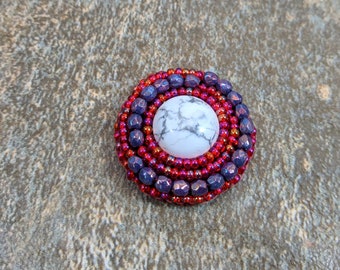 Howlite Magnetic Brooch, Round Brooch, Orange and Purple Brooch Pageant Sashpin, Bead Embroidered Magnetic Jewelry