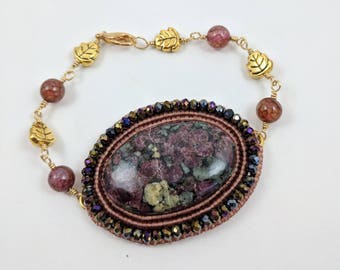 Pink and Gray Bracelet, Eudialyte Bracelet, Bead Embroidered Bracelet, Embroidered Stone Bracelet with Golden Accents