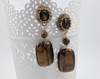 Tiger Eye Bead Embroidered, Dangle Earrings, Sterling Silver Posts