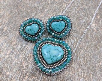 Turquoise Necklace and Earring Set, Kingman Turquoise Heart Jewelry, Turquoise Heart Earrings, Turquoise Heart Necklace, Sterling Silver