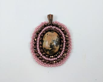 Pink Granite Pendant Bead Embroidered Pendant with Pink and Purple Metallic Accents with Copper Chain