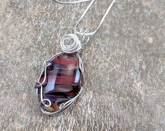 Gorgeous Lampwork Pendant with Swirls of Red and Gray Wire Wrapped in Sterling Silver Wire, Red Glass Pendant, Gray Glass Pendant