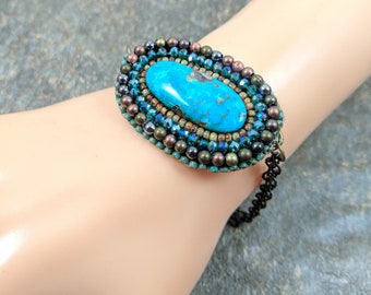 Turquoise Bracelet, Oval Turquoise Bracelet, Compass Turquoise Bracelet, Bead Embroidery Bracelet, Antique Brass Bracelet