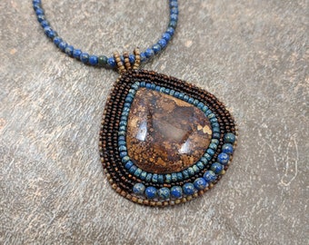 Magnesite Pendant, Bead Embroidered Pendant, Blue Pendant, and Brown Pendant with Antique Brass Chain