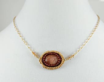 Sunstone Bead Embroidered Pendant Choker Necklace with Gold and Red Accents, in Gold