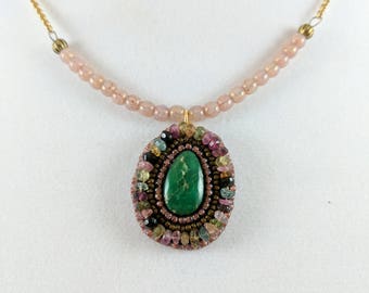 Turquoise and Tourmaline Pendant Necklace in Gold