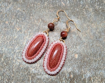 Goldstone and Rose Quartz Earrings, Goldstone Earrings, Brown Earrings, Pink Earrings