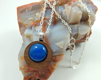 Round Wooden Pendant, Blue Stone Pendant, Laser Cut Pendant, Silver Pendant, Walnut Wood Pendant